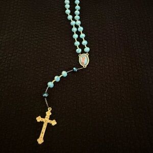 Blue and Gold Beaded Necklace with Cross Pendant